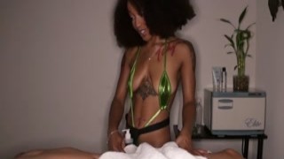 tattooed ebony masseuse babe in scarce bikini jerks coc